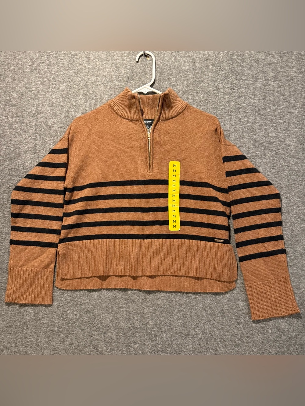DKNY Sweater Womens M 1/4 Zip Striped Brown Black Mock Neck Cropped Super Soft